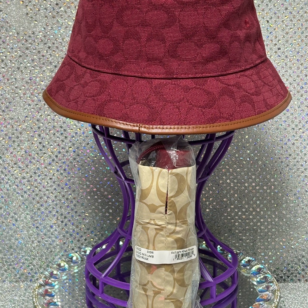 Coach 2fer Red Signature Canvas Bucket Hat w/Leather Trim and Coach Umbrella